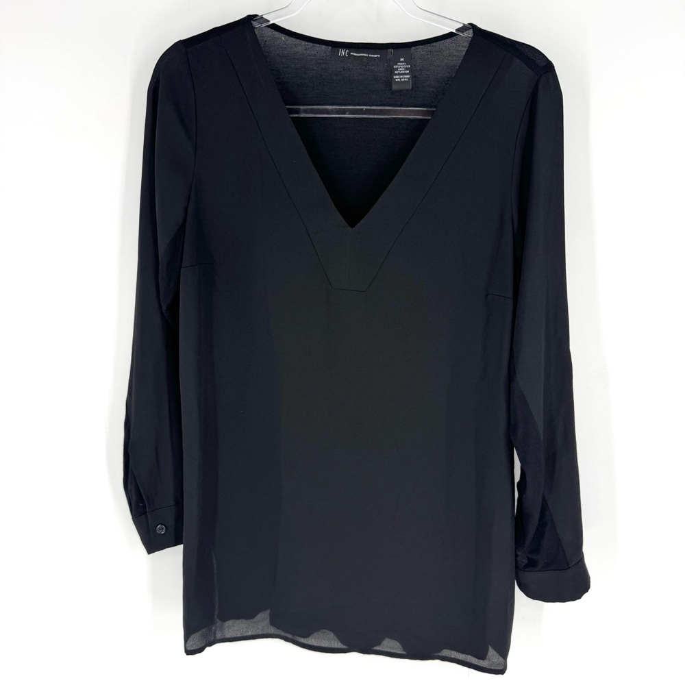 INC International Concepts Black V-Neck Mixed Media Blouse Size‎ Medium